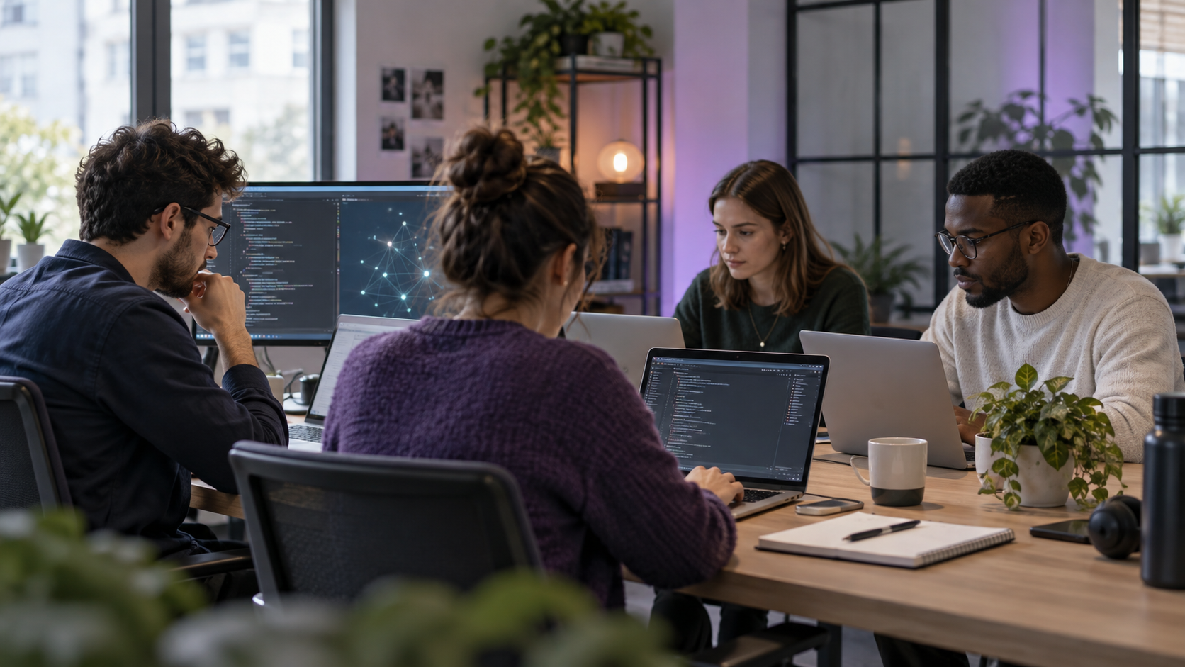 Une équipe informatique travaillant ensemble autour d’une table